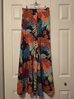 Wide Leg Flowy Tropical Floral Pants - Navy & Coral